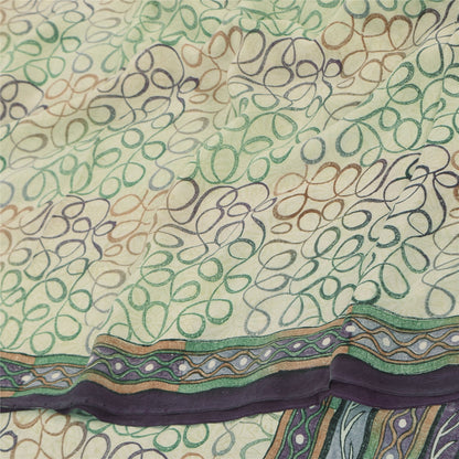 Sanskriti Vintage Sarees Ivory Pure Crepe Silk Printed Sari 5yd SoftCraft Sustainable Fabric