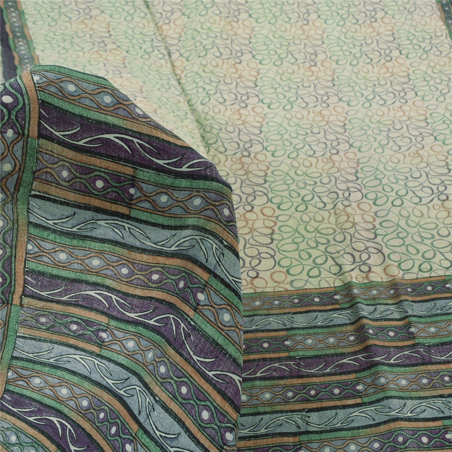 Sanskriti Vintage Sarees Ivory Pure Crepe Silk Printed Sari 5yd SoftCraft Sustainable Fabric