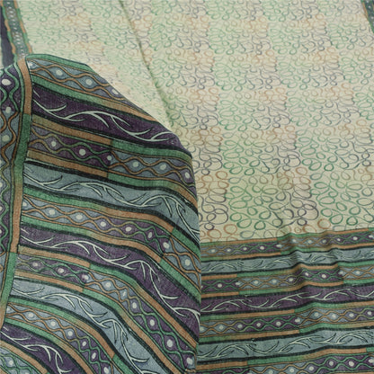 Sanskriti Vintage Sarees Ivory Pure Crepe Silk Printed Sari 5yd SoftCraft Sustainable Fabric