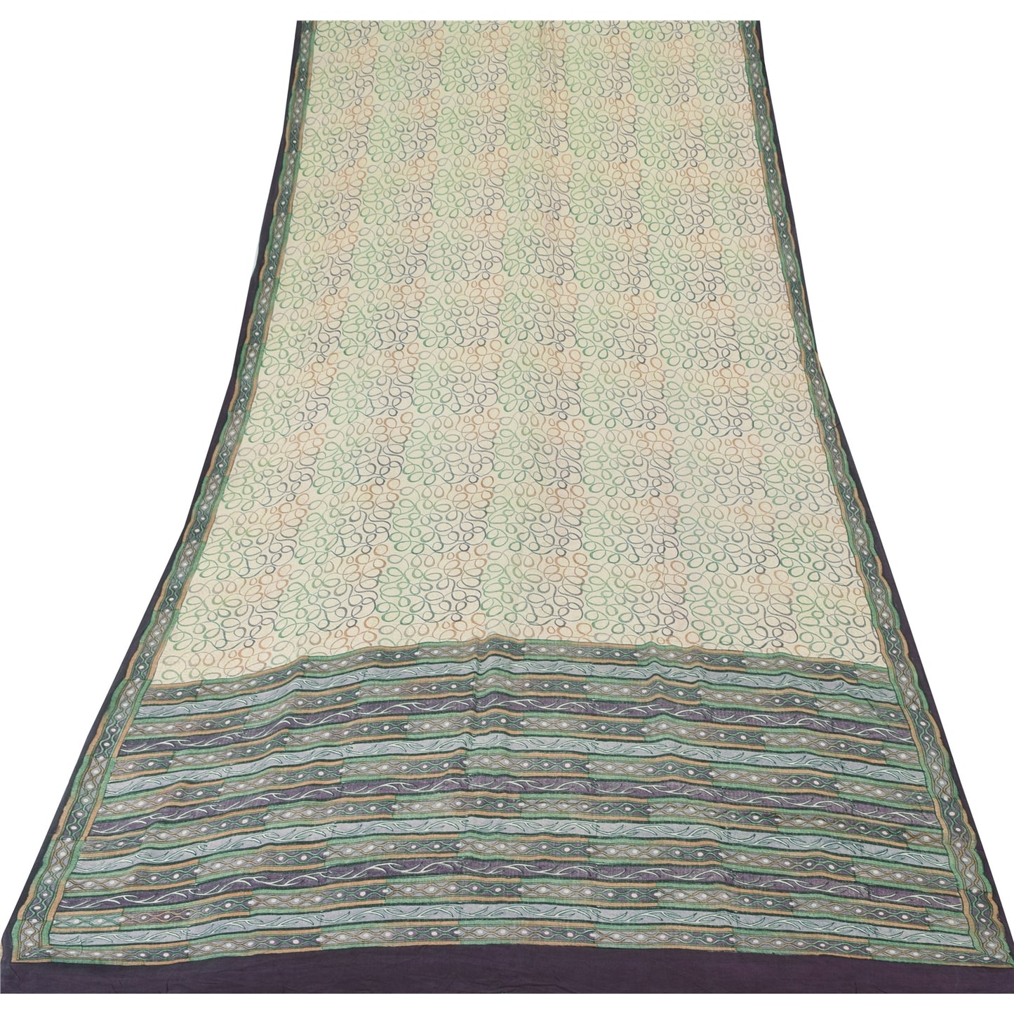 Sanskriti Vintage Sarees Ivory Pure Crepe Silk Printed Sari 5yd SoftCraft Sustainable Fabric