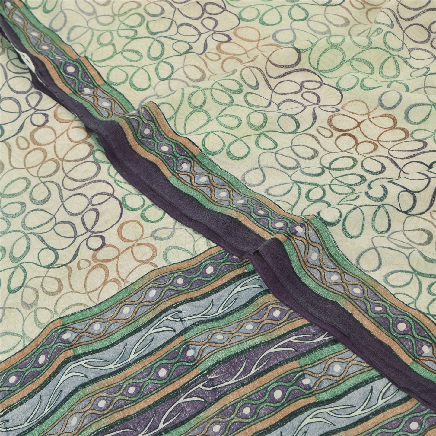 Sanskriti Vintage Sarees Ivory Pure Crepe Silk Printed Sari 5yd SoftCraft Sustainable Fabric