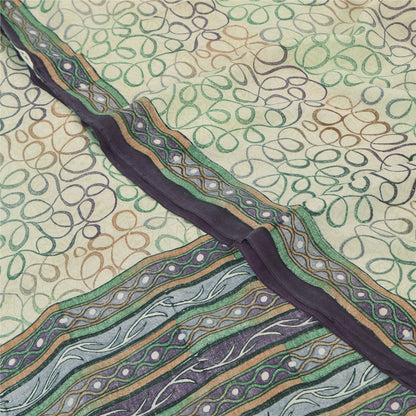 Sanskriti Vintage Sarees Ivory Pure Crepe Silk Printed Sari 5yd SoftCraft Sustainable Fabric