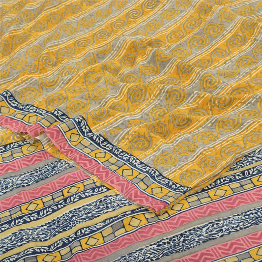 Sanskriti Vintage Sarees Yellow Pure Crepe Silk Printed Sari 6yd Craft Sustainable Fabric