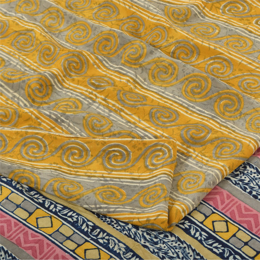 Sanskriti Vintage Sarees Yellow Pure Crepe Silk Printed Sari 6yd Craft Sustainable Fabric