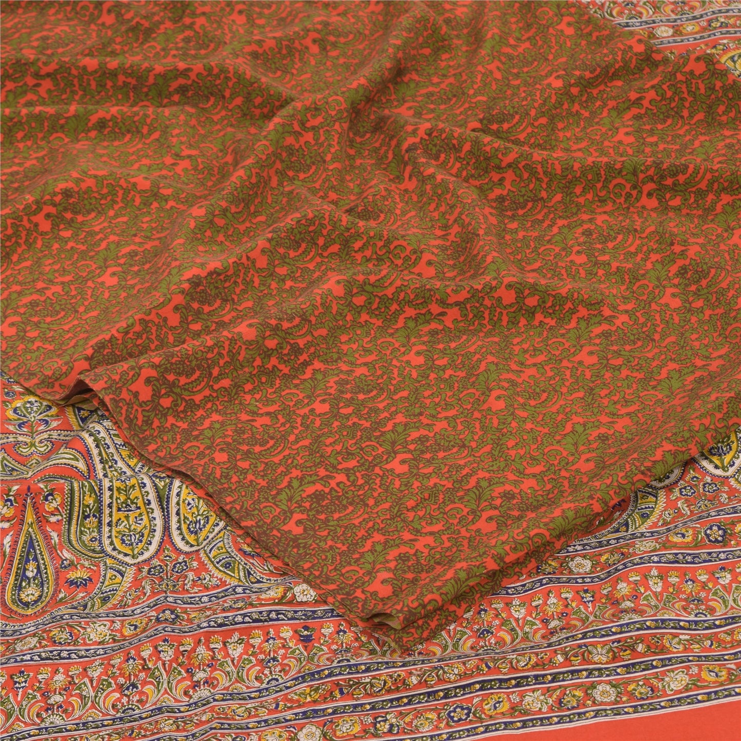 Sanskriti Vintage Sarees Orange/Green Pure Crepe Silk Printed Sari Craft Sustainable Fabric