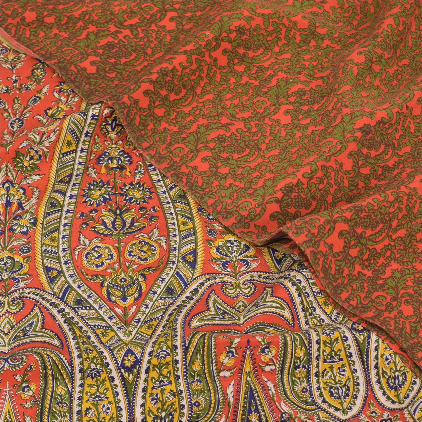Sanskriti Vintage Sarees Orange/Green Pure Crepe Silk Printed Sari Craft Sustainable Fabric