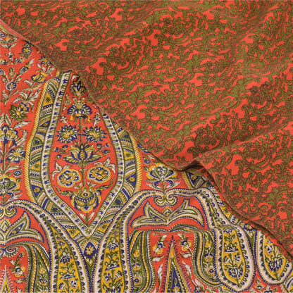 Sanskriti Vintage Sarees Orange/Green Pure Crepe Silk Printed Sari Craft Sustainable Fabric
