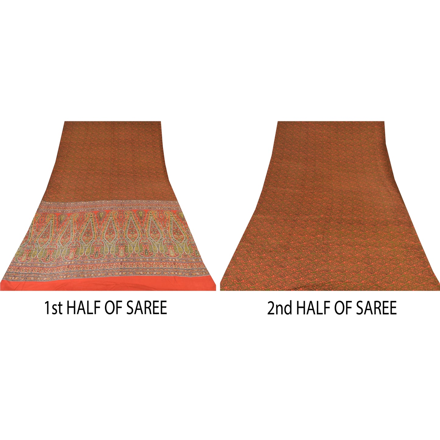 Sanskriti Vintage Sarees Orange/Green Pure Crepe Silk Printed Sari Craft Sustainable Fabric