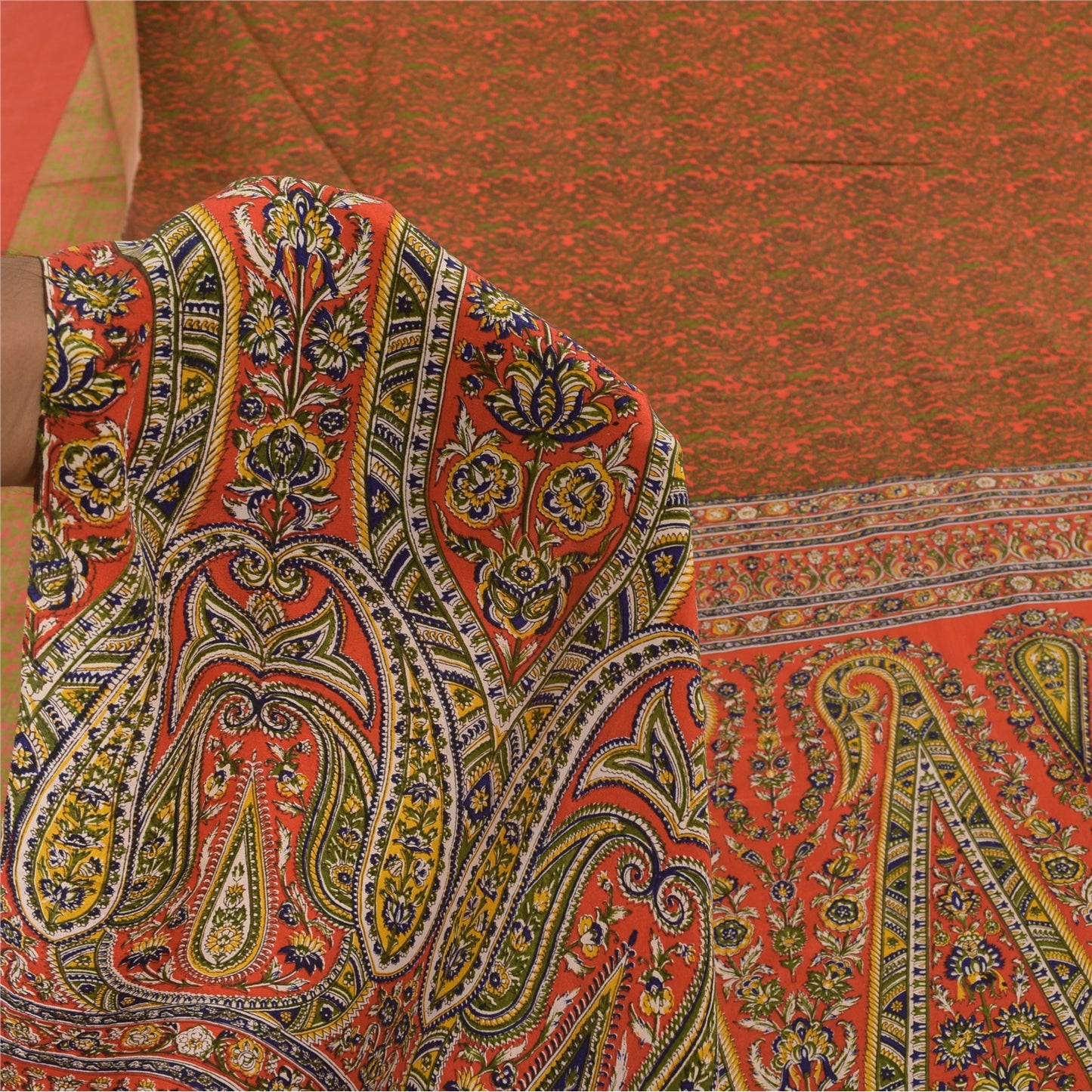 Sanskriti Vintage Sarees Orange/Green Pure Crepe Silk Printed Sari Craft Sustainable Fabric