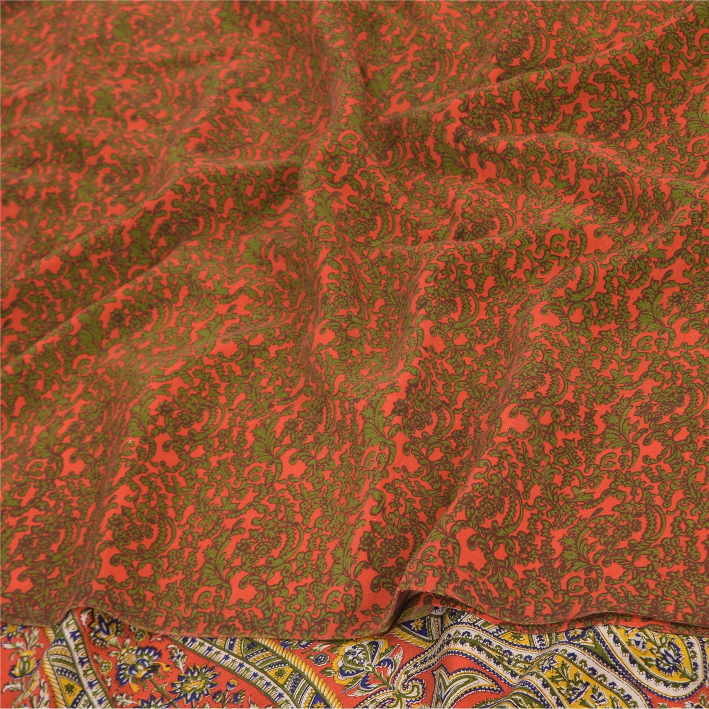 Sanskriti Vintage Sarees Orange/Green Pure Crepe Silk Printed Sari Craft Sustainable Fabric