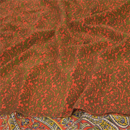 Sanskriti Vintage Sarees Orange/Green Pure Crepe Silk Printed Sari Craft Sustainable Fabric