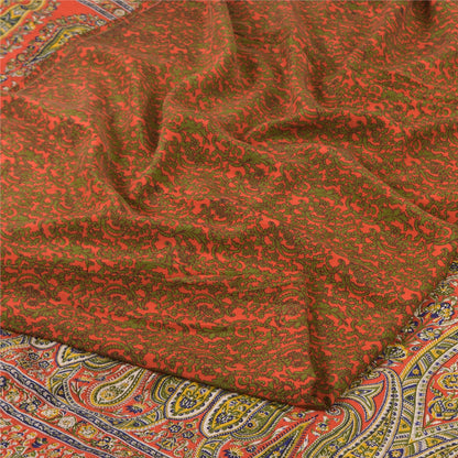 Sanskriti Vintage Sarees Orange/Green Pure Crepe Silk Printed Sari Craft Sustainable Fabric
