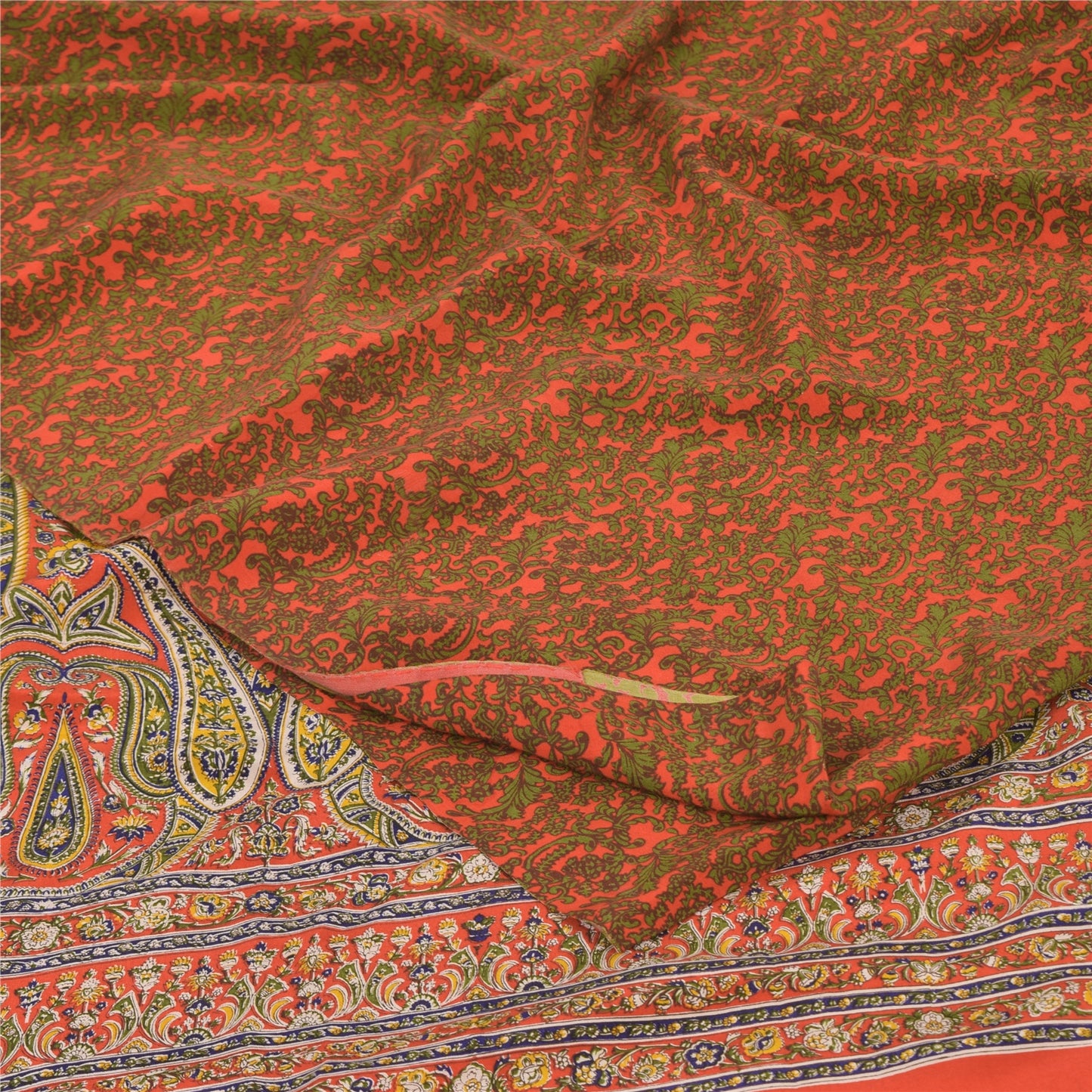 Sanskriti Vintage Sarees Orange/Green Pure Crepe Silk Printed Sari Craft Sustainable Fabric