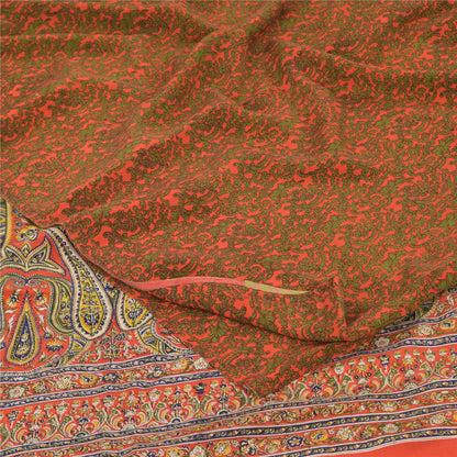 Sanskriti Vintage Sarees Orange/Green Pure Crepe Silk Printed Sari Craft Sustainable Fabric