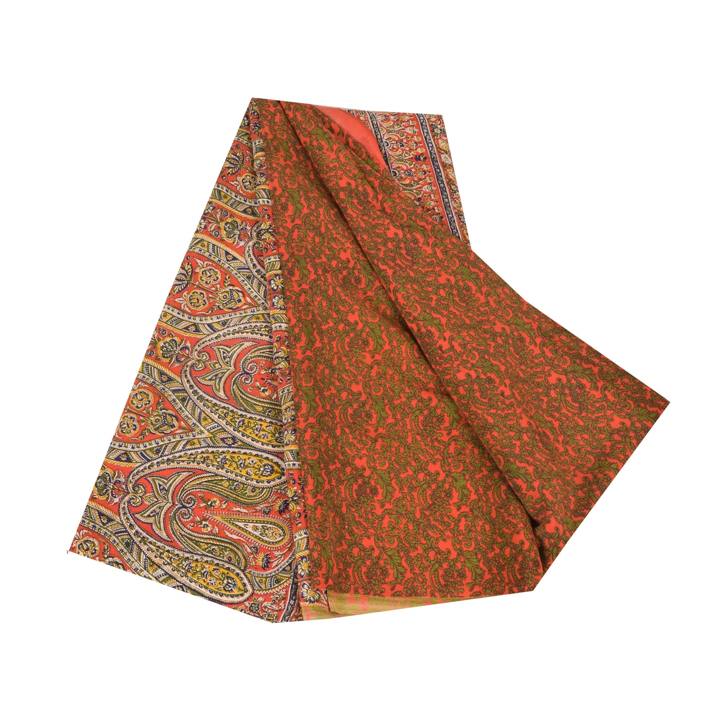 Sanskriti Vintage Sarees Orange/Green Pure Crepe Silk Printed Sari Craft Sustainable Fabric