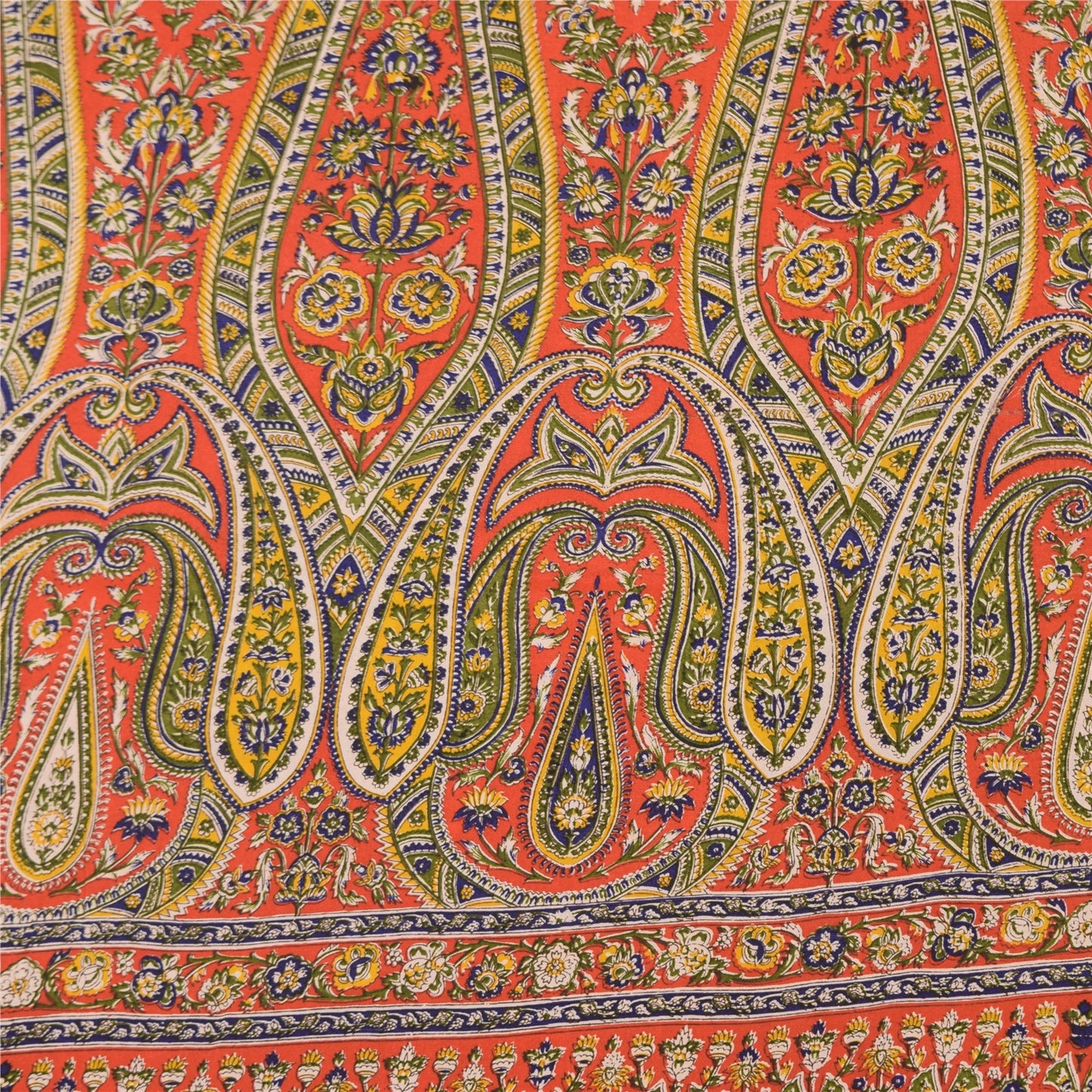 Sanskriti Vintage Sarees Orange/Green Pure Crepe Silk Printed Sari Craft Sustainable Fabric