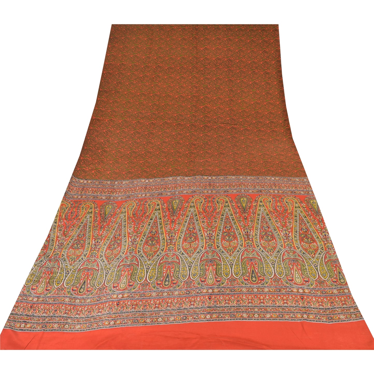 Sanskriti Vintage Sarees Orange/Green Pure Crepe Silk Printed Sari Craft Sustainable Fabric