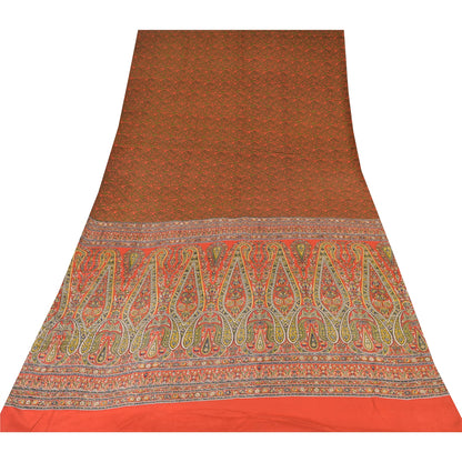 Sanskriti Vintage Sarees Orange/Green Pure Crepe Silk Printed Sari Craft Sustainable Fabric