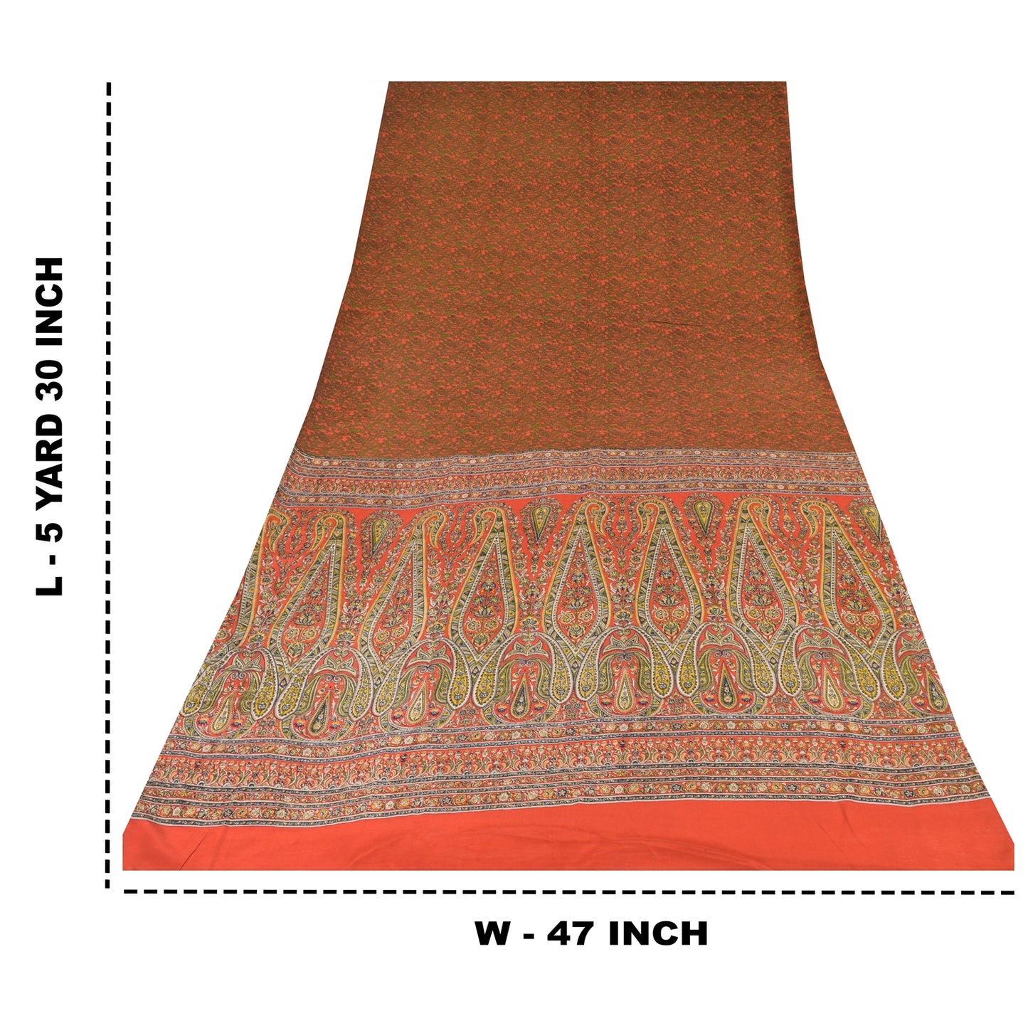 Sanskriti Vintage Sarees Orange/Green Pure Crepe Silk Printed Sari Craft Sustainable Fabric