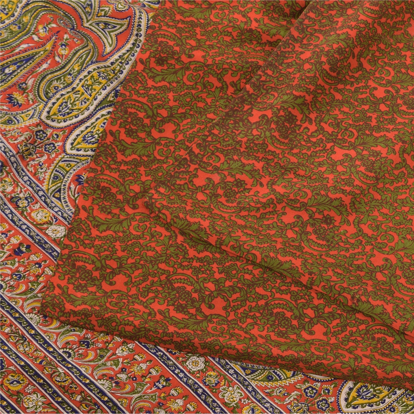 Sanskriti Vintage Sarees Orange/Green Pure Crepe Silk Printed Sari Craft Sustainable Fabric