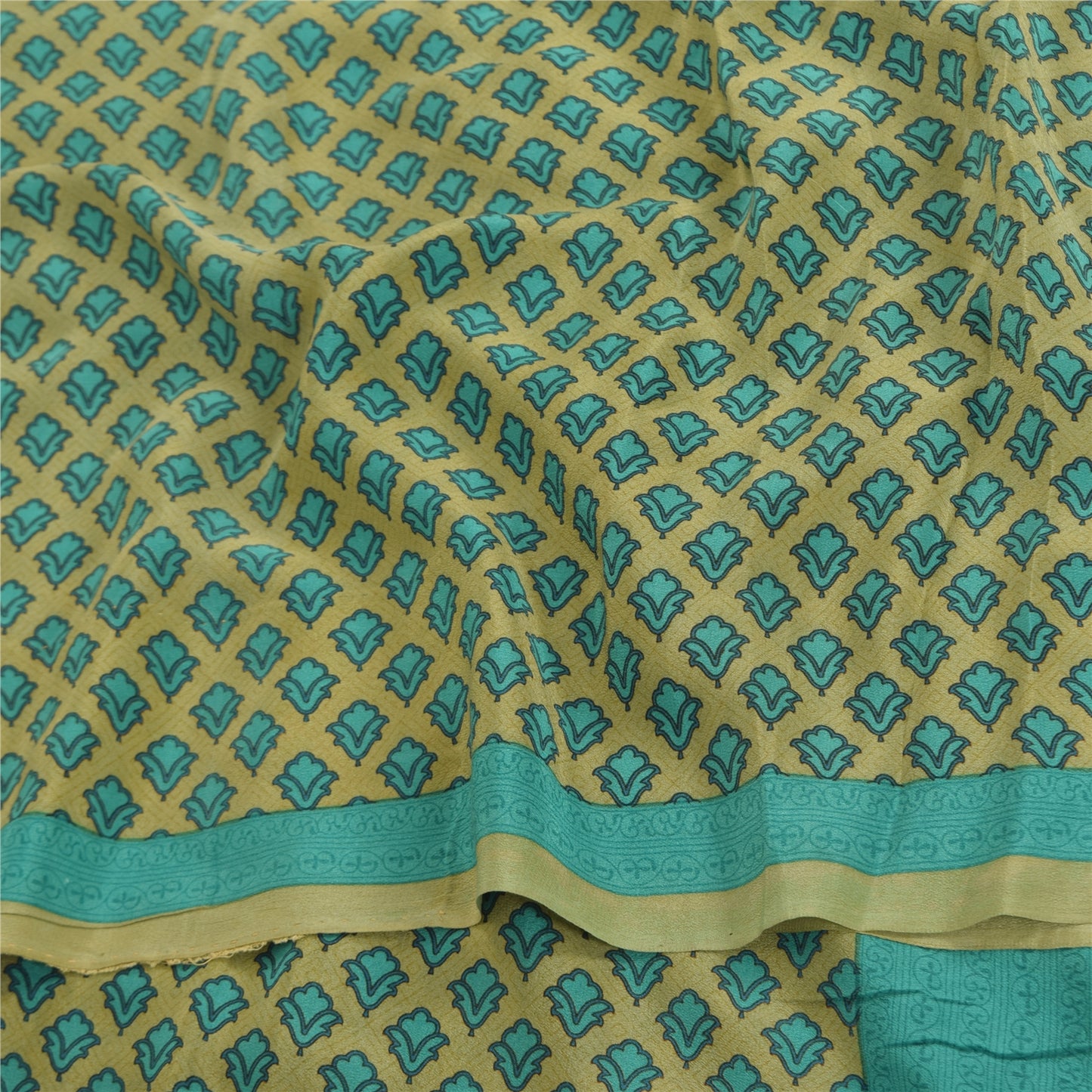 Sanskriti Vintage Sarees Green/Blue Pure Crepe Silk Print Sari 5yd Craft Sustainable Fabric