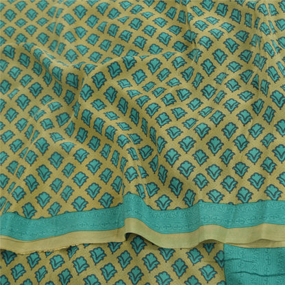Sanskriti Vintage Sarees Green/Blue Pure Crepe Silk Print Sari 5yd Craft Sustainable Fabric