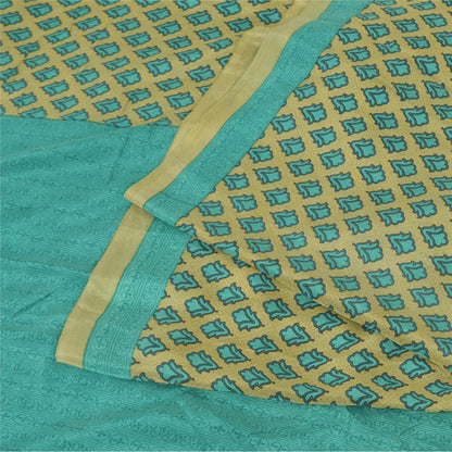 Sanskriti Vintage Sarees Green/Blue Pure Crepe Silk Print Sari 5yd Craft Sustainable Fabric