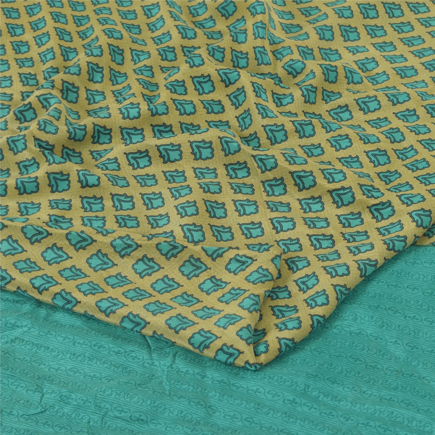 Sanskriti Vintage Sarees Green/Blue Pure Crepe Silk Print Sari 5yd Craft Sustainable Fabric