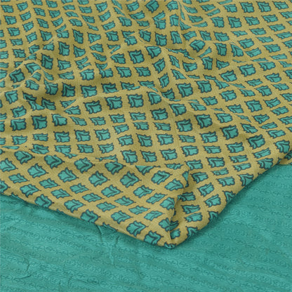 Sanskriti Vintage Sarees Green/Blue Pure Crepe Silk Print Sari 5yd Craft Sustainable Fabric