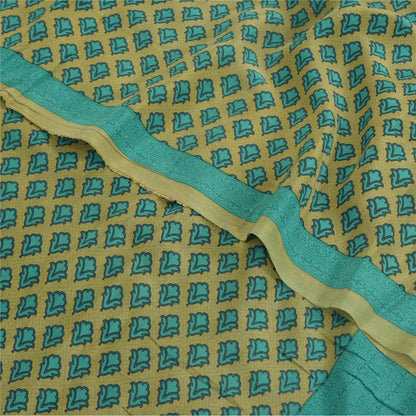 Sanskriti Vintage Sarees Green/Blue Pure Crepe Silk Print Sari 5yd Craft Sustainable Fabric