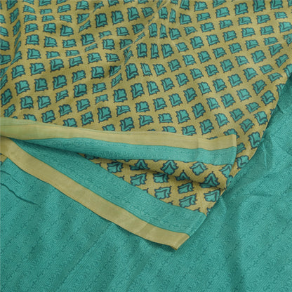 Sanskriti Vintage Sarees Green/Blue Pure Crepe Silk Print Sari 5yd Craft Sustainable Fabric