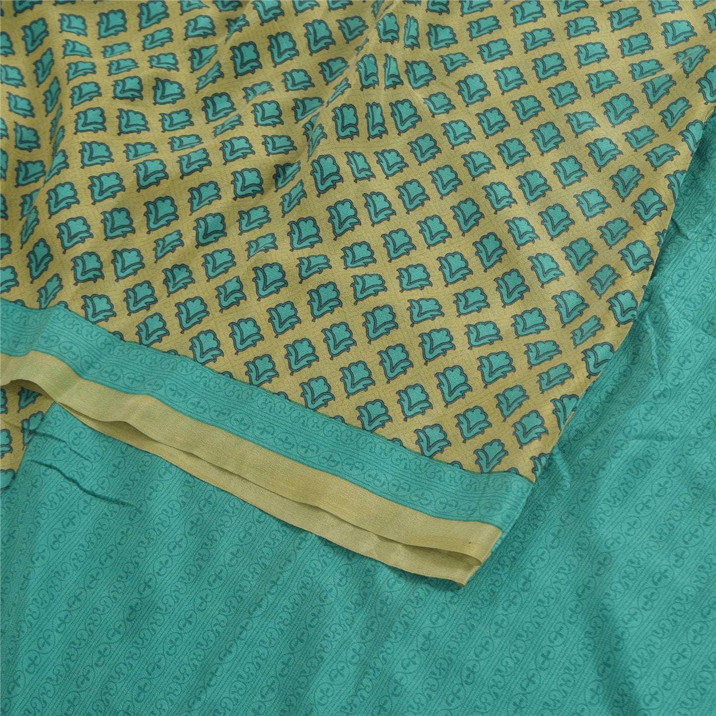 Sanskriti Vintage Sarees Green/Blue Pure Crepe Silk Print Sari 5yd Craft Sustainable Fabric
