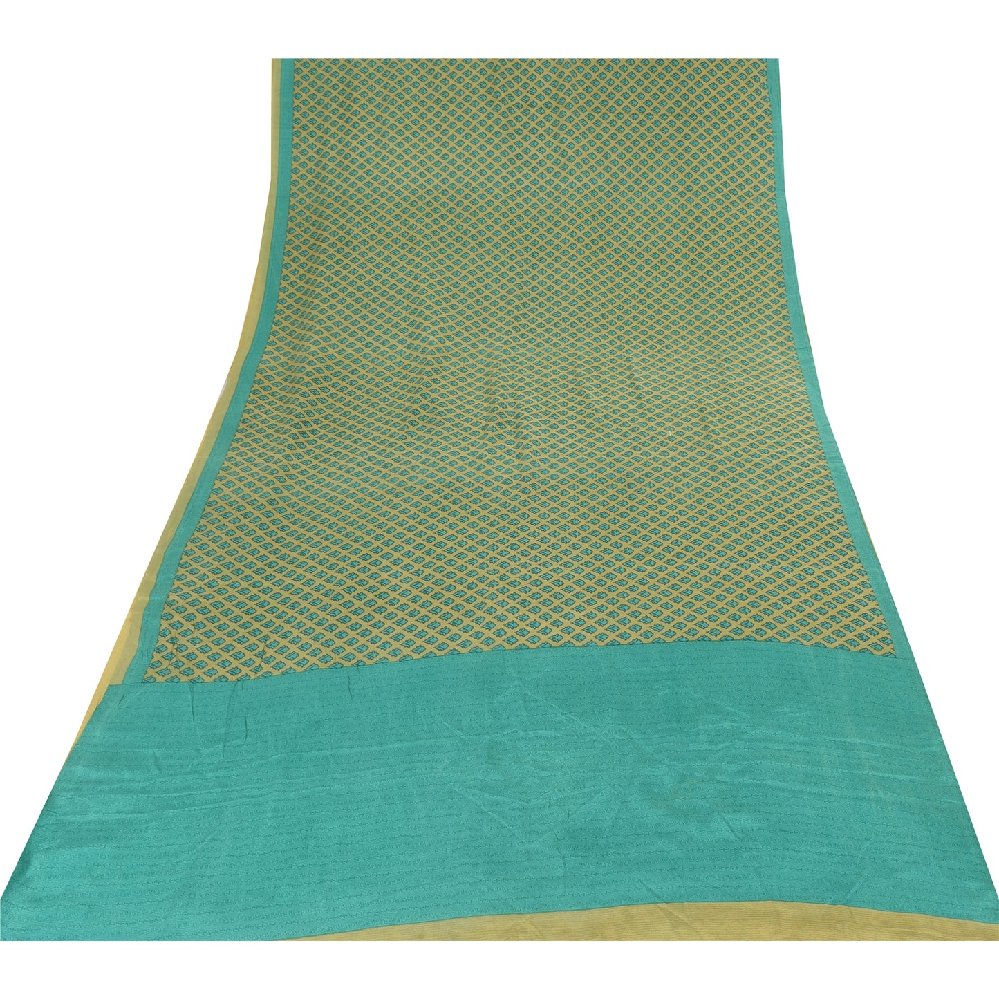 Sanskriti Vintage Sarees Green/Blue Pure Crepe Silk Print Sari 5yd Craft Sustainable Fabric