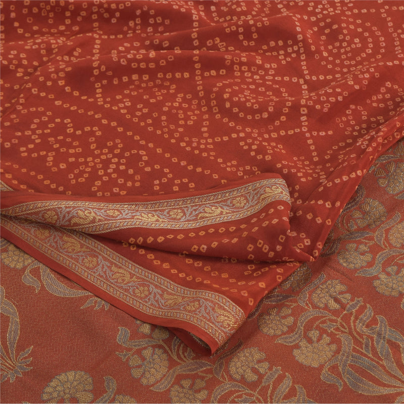 Sanskriti Vintage Saree Orange Pure Crepe Silk 5.5+Yard Saree Bandhani Print/Woven Fabric Create-Dresses, Kaftans, Skirts, Tops, Projects