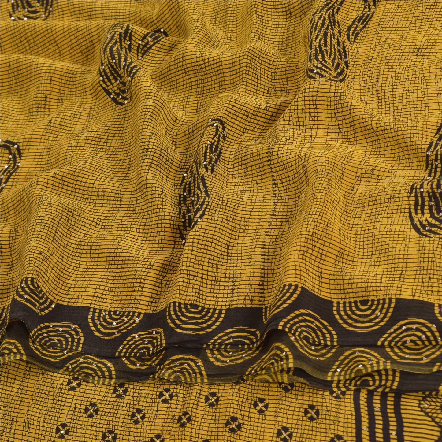 Sanskriti Vintage Sarees Shades Of Green SequinsPure Crepe Print Sari 5yd Sustainable Fabric