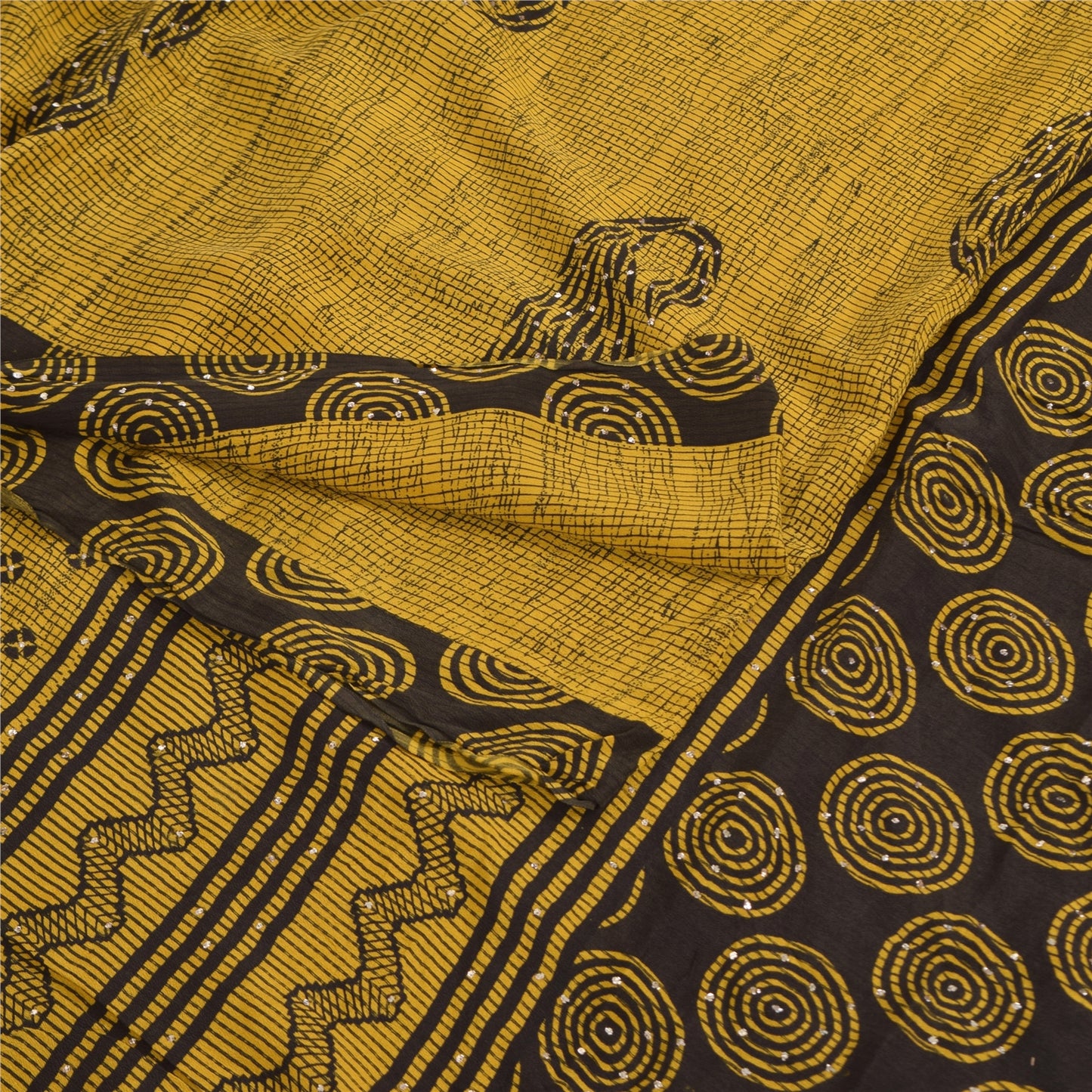 Sanskriti Vintage Sarees Shades Of Green SequinsPure Crepe Print Sari 5yd Sustainable Fabric