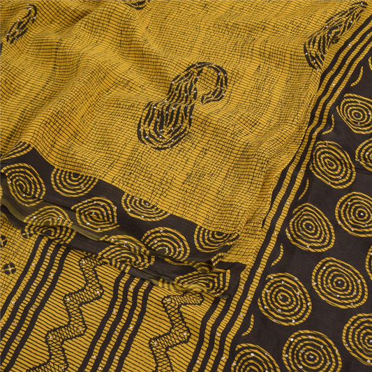 Sanskriti Vintage Sarees Shades Of Green SequinsPure Crepe Print Sari 5yd Sustainable Fabric