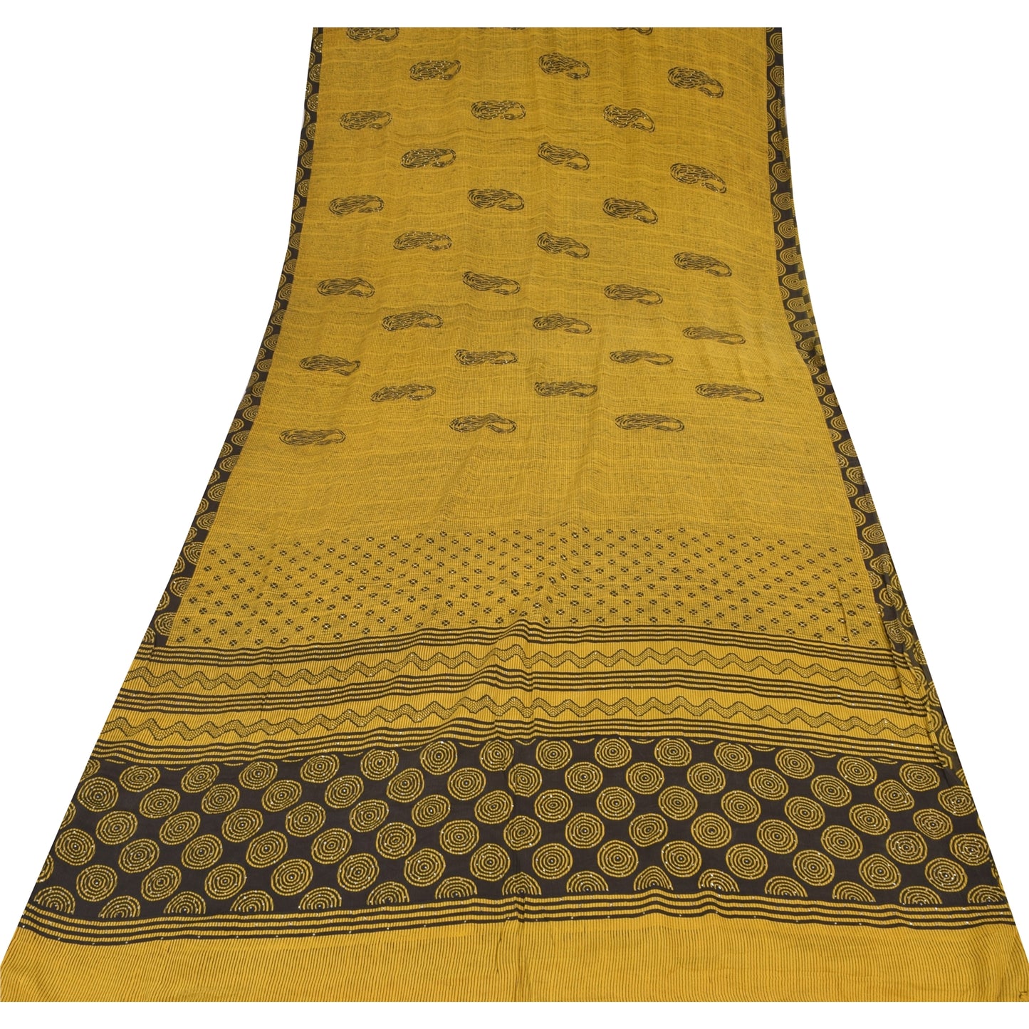 Sanskriti Vintage Sarees Shades Of Green SequinsPure Crepe Print Sari 5yd Sustainable Fabric
