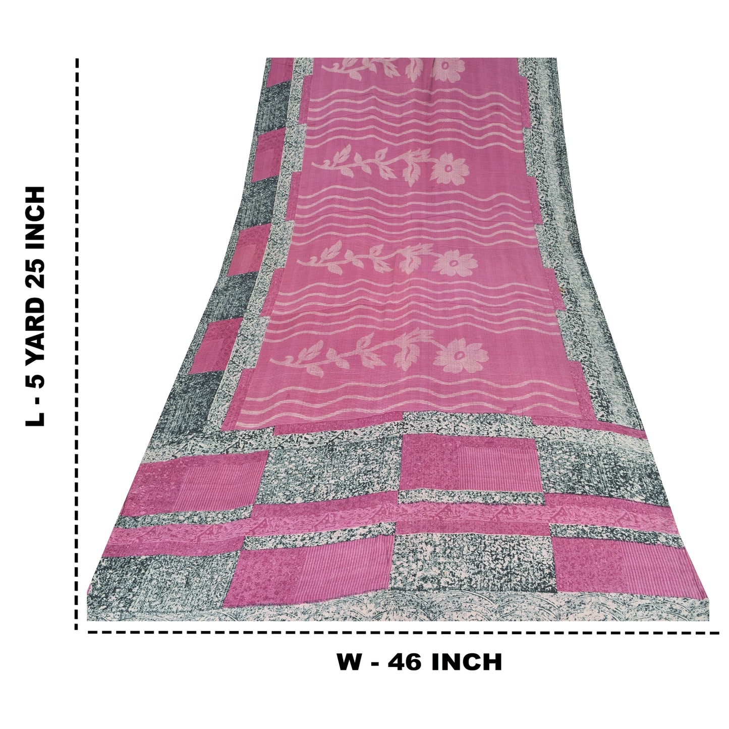 Sanskriti Vintage Sarier i lyserød 100% ren crepesilke med tryk, 5 yards, håndværksmæssigt bæredygtigt stof