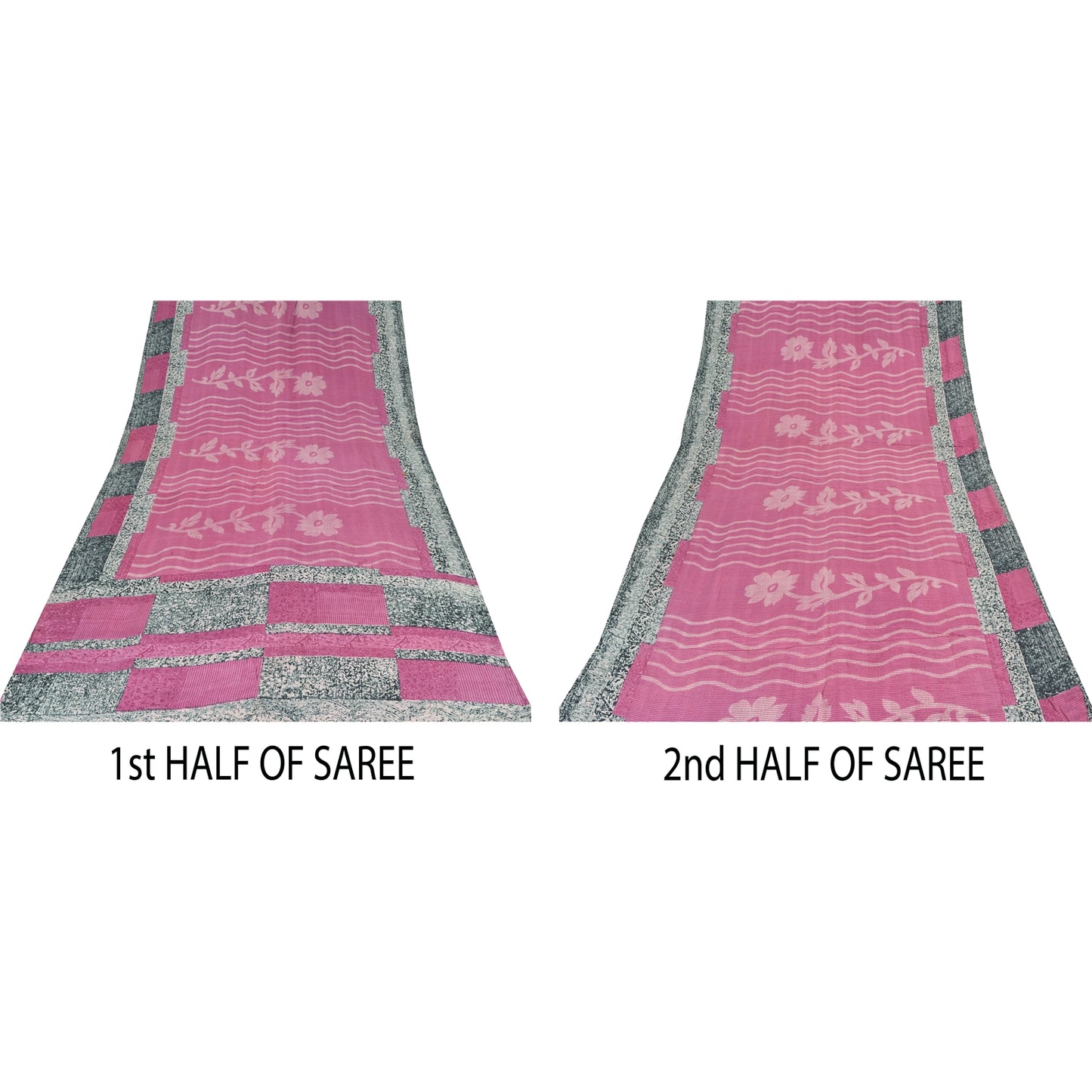 Sanskriti Vintage Sarier i lyserød 100% ren crepesilke med tryk, 5 yards, håndværksmæssigt bæredygtigt stof