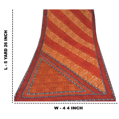 Sanskriti Vintage Sarees Orange Pure Crepe Silk Printed Sari 5yd Craft Sustainable Fabric