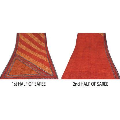 Sanskriti Vintage Sarees Orange Pure Crepe Silk Printed Sari 5yd Craft Sustainable Fabric