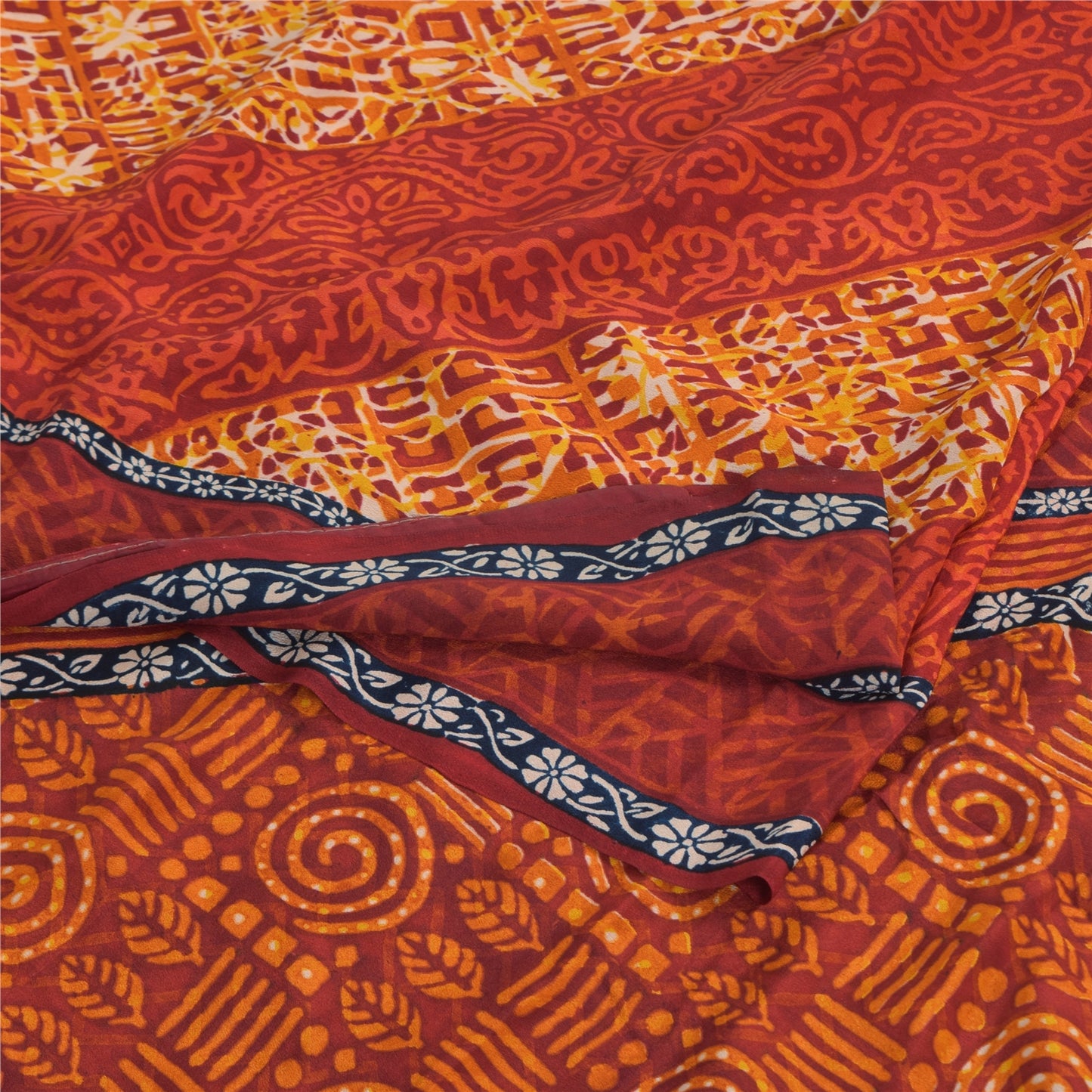 Sanskriti Vintage Sarees Orange Pure Crepe Silk Printed Sari 5yd Craft Sustainable Fabric