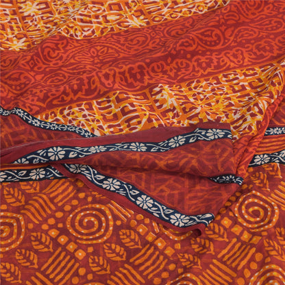 Sanskriti Vintage Sarees Orange Pure Crepe Silk Printed Sari 5yd Craft Sustainable Fabric