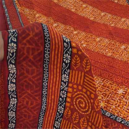 Sanskriti Vintage Sarees Orange Pure Crepe Silk Printed Sari 5yd Craft Sustainable Fabric
