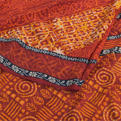 Sanskriti Vintage Sarees Orange Pure Crepe Silk Printed Sari 5yd Craft Sustainable Fabric