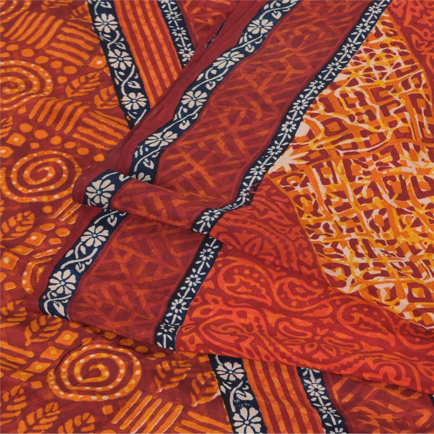 Sanskriti Vintage Sarees Orange Pure Crepe Silk Printed Sari 5yd Craft Sustainable Fabric