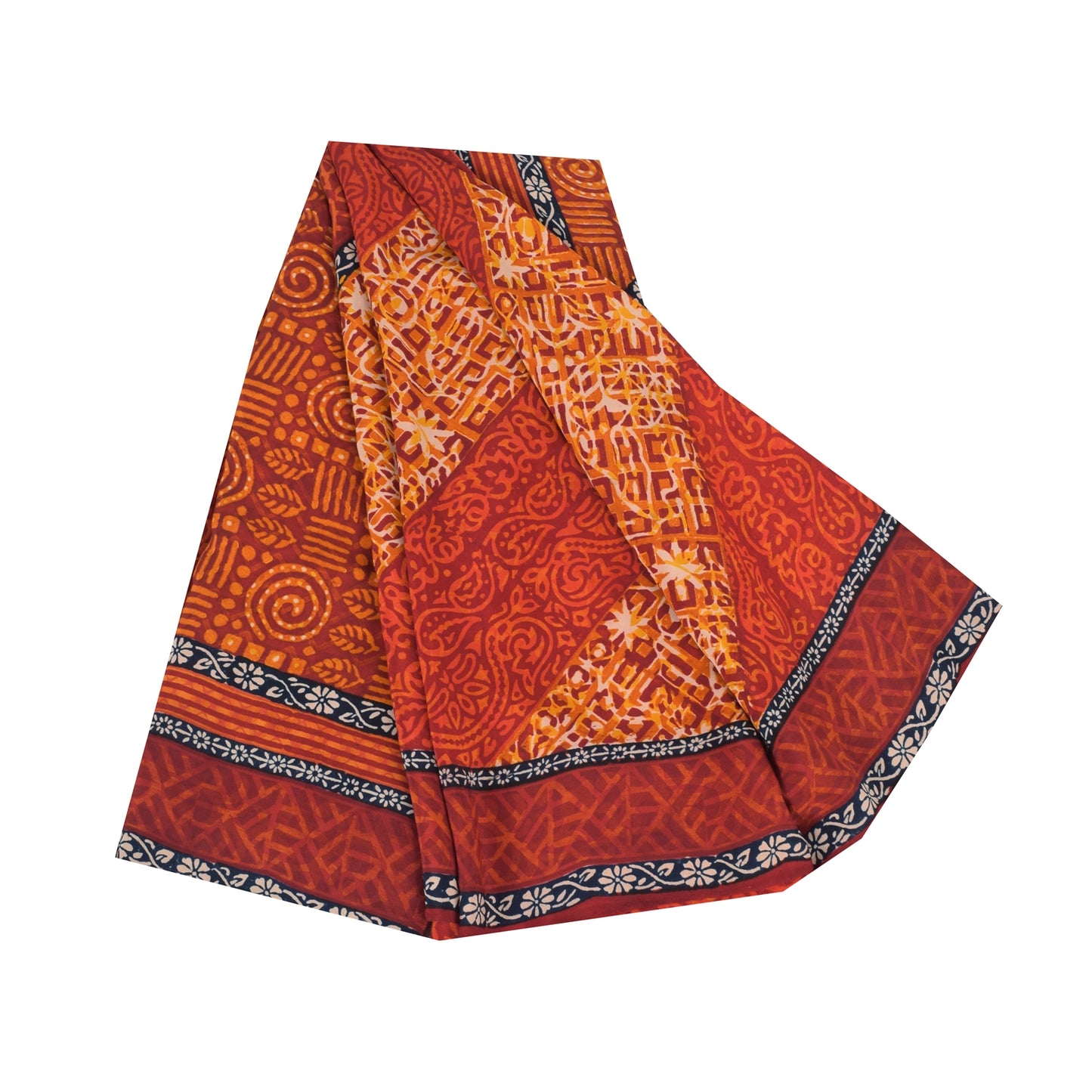 Sanskriti Vintage Sarees Orange Pure Crepe Silk Printed Sari 5yd Craft Sustainable Fabric