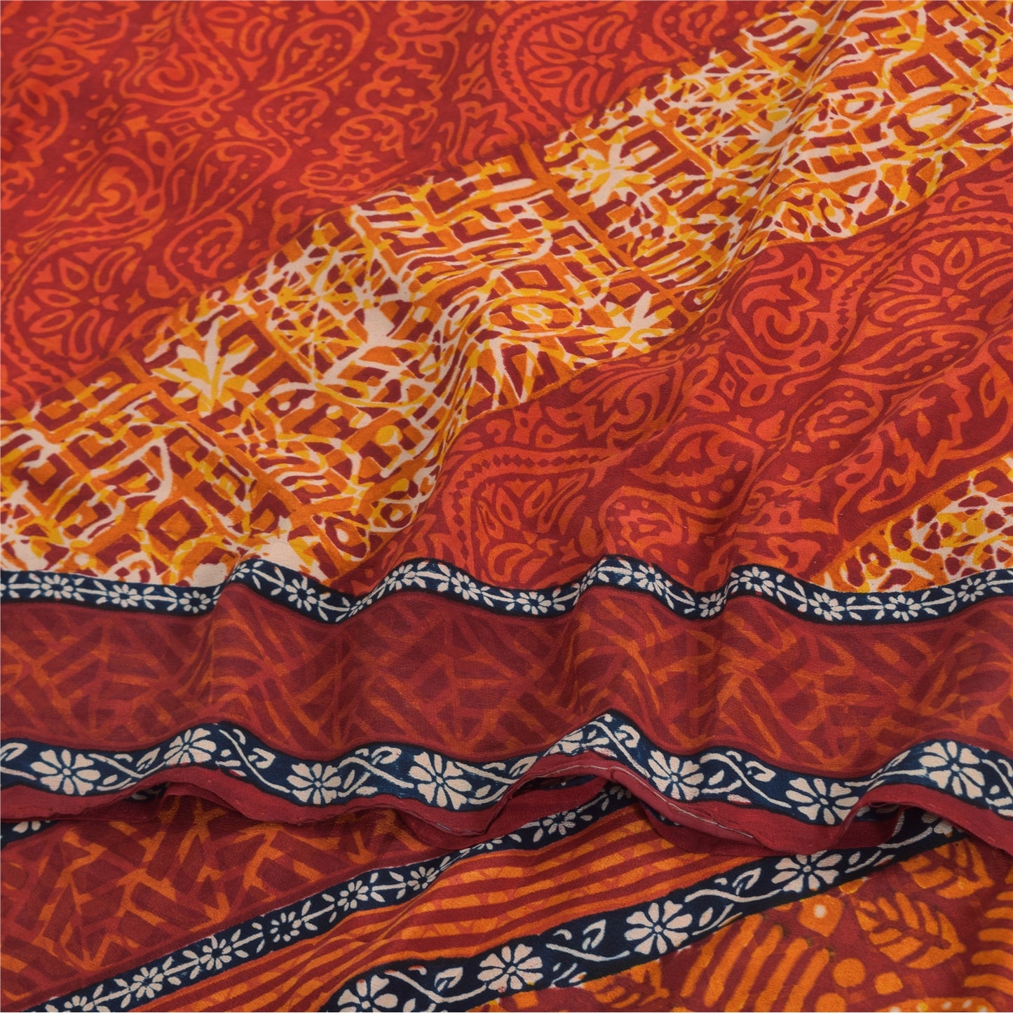 Sanskriti Vintage Sarees Orange Pure Crepe Silk Printed Sari 5yd Craft Sustainable Fabric