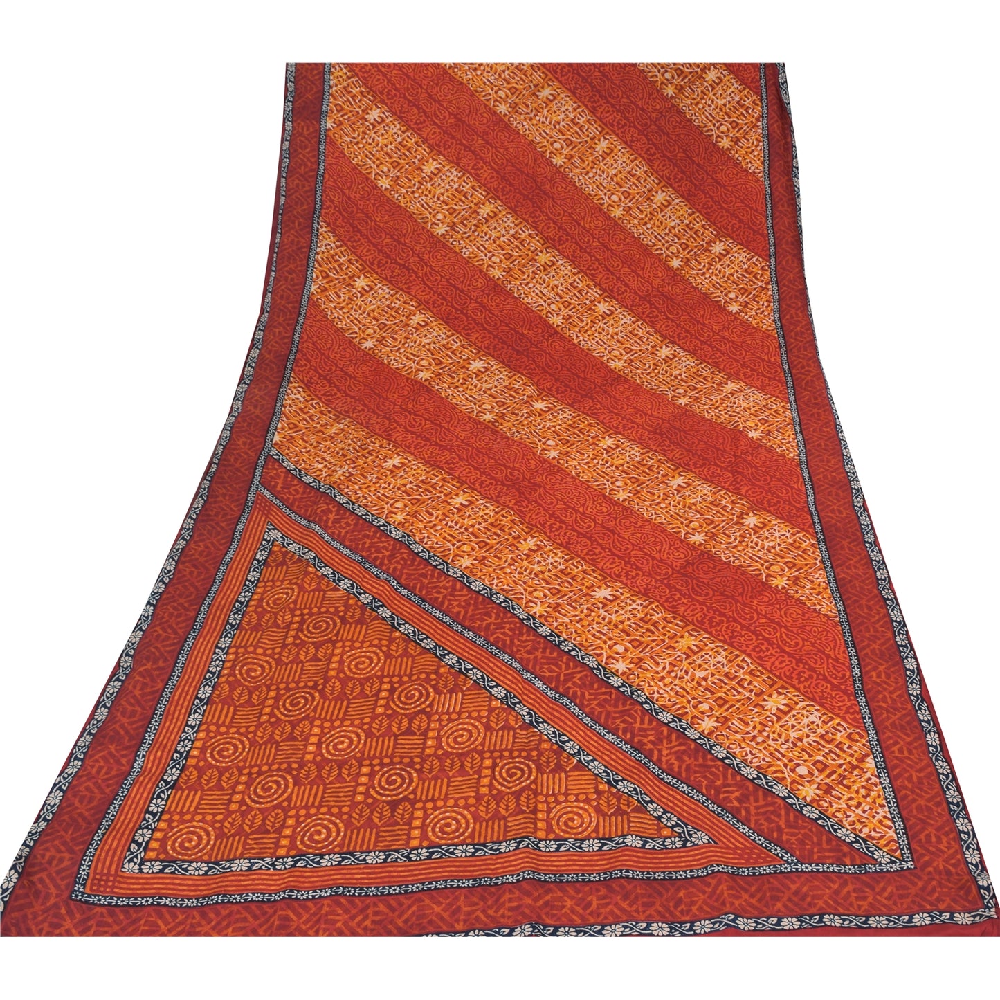 Sanskriti Vintage Sarees Orange Pure Crepe Silk Printed Sari 5yd Craft Sustainable Fabric